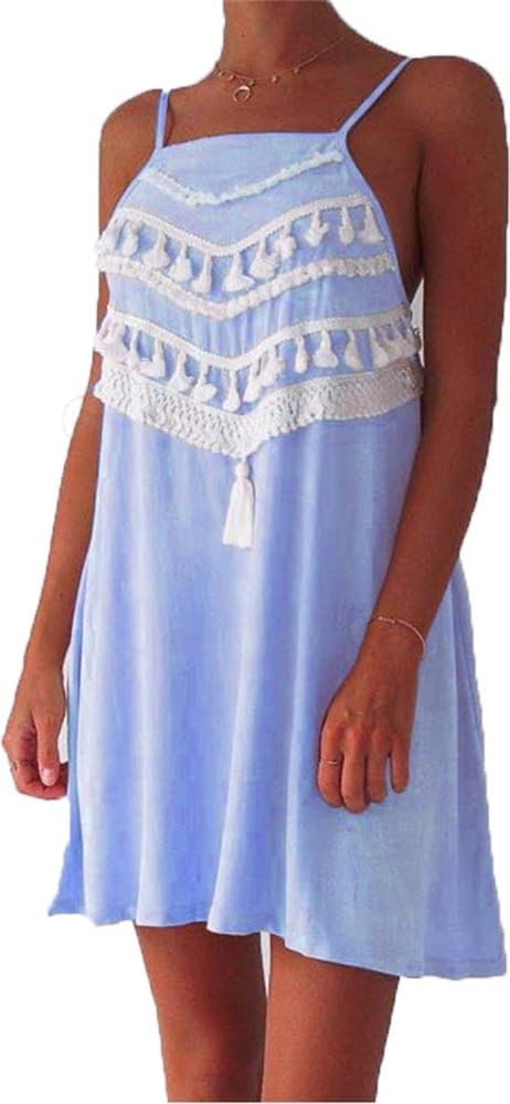VOKY Women's Sleeveless Midi Lace Dress Open Back Tassel Sundress