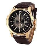 Curren® Men's Wrist Watch Number and Strips Marks with Round Dial Leather Watchband+FREE Gift Box (Gold+Black)