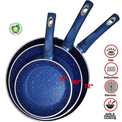 Non Stick Blue Marble Stone Forged Aluminium Pan Set Granite 4.5mm 6 Layers Non Stick Thickness Induction Bottom & Cool Touch Handle Dishwasher Safe PFOA,PTFE (3pc Set of 12",10",8" Pans)