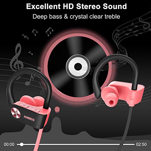 Bluetooth Headphones, Anbes Wireless Earbuds, IPX7 Waterproof Sports Earphones with Ear Hooks & Mic, HD Stereo in-Ear Headphones Gym Running Workout, 8 Hours Battery Noise Canceling Headsets