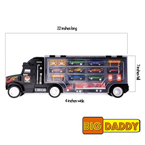 Big Daddy Super Mega Extra Large Tractor Trailer Car Collection Case Carrier Transport Toy Truck For Kids Includes 12 Cars 1 Small Tractor Trailer & 6 More Accessories