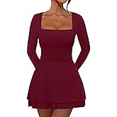 OKIFOIR Women's Square Neck Mini Dress Long Sleeve Ruffle Hem Ruched Waist Short Corset Party Dresses (Burgundy,X-Large)