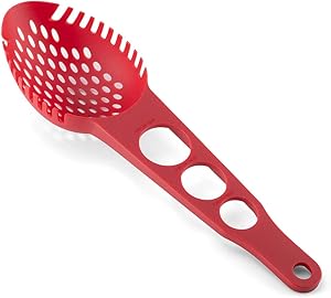 FENGCHEN 3-in -1 Large Spaghetti Measuring Tool - Spaghetti Spoon, Spoon Strainer & Spaghetti Server Tool With 3 Different Sizes Measuring Holes. Red