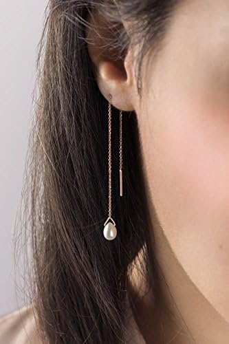 Tiny White Pearl Threader Earrings, 9K 14K 18K Gold Earrings, Rose Gold Threaders, Cable Chain Earrings, June Birthstone/code: 0.001