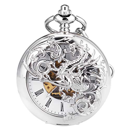 Mens Skeleton Mechanical Pocket Watch - Dragon Hollow Double Hunter Black Roman Numerals White Dial with Chain + Gift Box