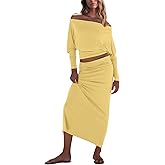 UNIANKIYA 2 Piece Skirt Sets For Women Size XS-L Casual Off Shoulder Batwing Long Sleeve Tops and Maxi Skirt Vacation Outfits