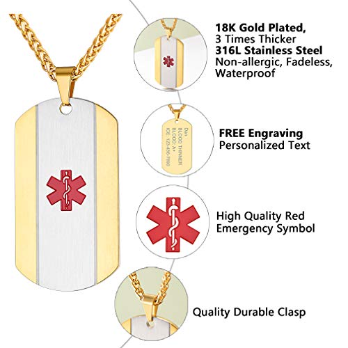 Supcare Tag Necklace Medical Alert ID Jewelry Stainless Steel 18K Gold Plated for Women/Men/Children, Medical Emergency Identification Dog Tag Necklace Jewelry - Thumbnail 4