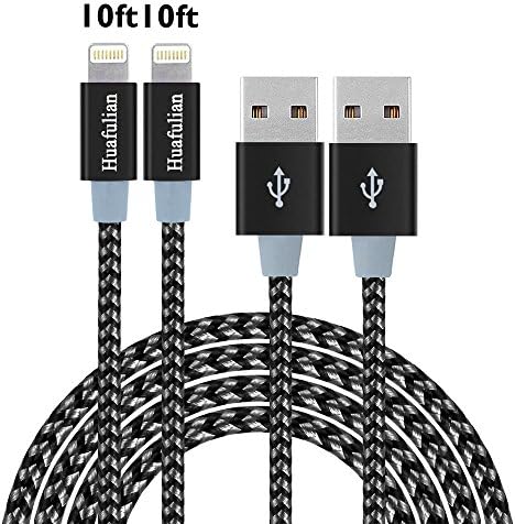 Huafulian iPhone Charger, 2Pcs 10FT Extra Long Nylon Braided Lightning to USB Cable Cord with Aluminum Heads for iPhone 7/7 Plus/ 6/ 6 Plus/ 6s/ 6s Plus /5/5s/SE, iPad, iPod and More (Black+Gray)