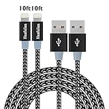 Huafulian iPhone Charger, 2Pcs 10FT Extra Long Nylon Braided Lightning to USB Cable Cord with Aluminum Heads for iPhone 7/7 Plus/ 6/ 6 Plus/ 6s/ 6s Plus /5/5s/SE, iPad, iPod and More (Black+Gray)