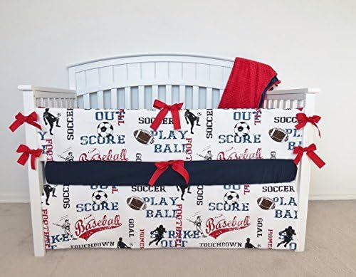 4 Piece Crib Set - Sports, football, soccer, baseball, red, navy, blue