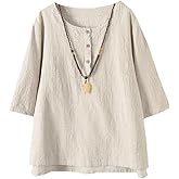 FTCayanz Women's Linen Tops Shirts Summer Casual Jacquard Tunic Blouse