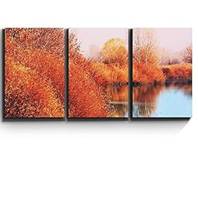 3 Piece Canvas Print - Contemporary Art, Modern Wall Art - Autumn Lake Scene Orange Calm Peaceful - Giclee Artwork - Gallery Wrapped Wood Stretcher Bars - Ready to Hang 16"x24"x3 Panels