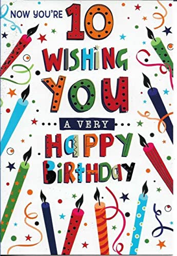 Age 10 Boy Birthday Card - Multi Coloured Candles Stars & Silver Foil 7.75x5.25"