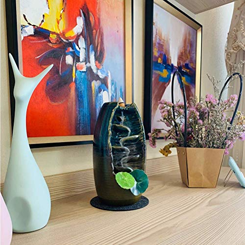 XinXu Incense Burner, Backflow Waterfall Incense Burner, Home Decor Aromatherapy Ornament Incense Cones,Cushion, Artificial Lotus Leaf