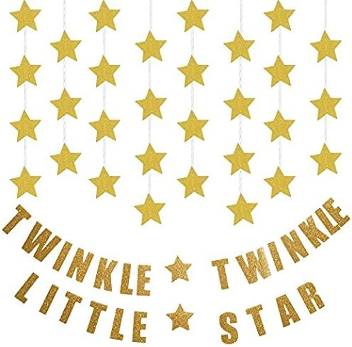 Gold Twinkle Twinkle Little Star Garland - Sparkling Paper Banner Bunting Hanging Decoration Party Supplies(3-Pack:1 “Twinkle Twinkle Little Star”+2 Gold Star Garland)