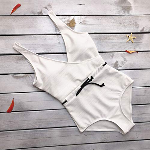 wodceeke Women's One-Piece Swimsuit Solid Color Sling V-Neck Siamese Bikini Beachwear Swimwear(White,M)