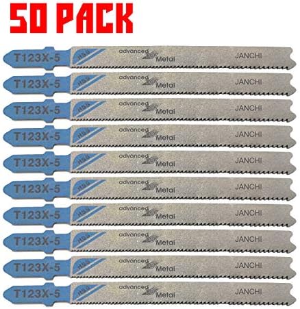 50Pack T123X Jigsaw Blades Set, HSS 4-Inch 21-10TPI T-Shank Contractor Straight Metal Cutting Jig Saw Blade Designed Multi-purpose for Thin Metal, Pipes, Metal Profiles, Sheet Metal
