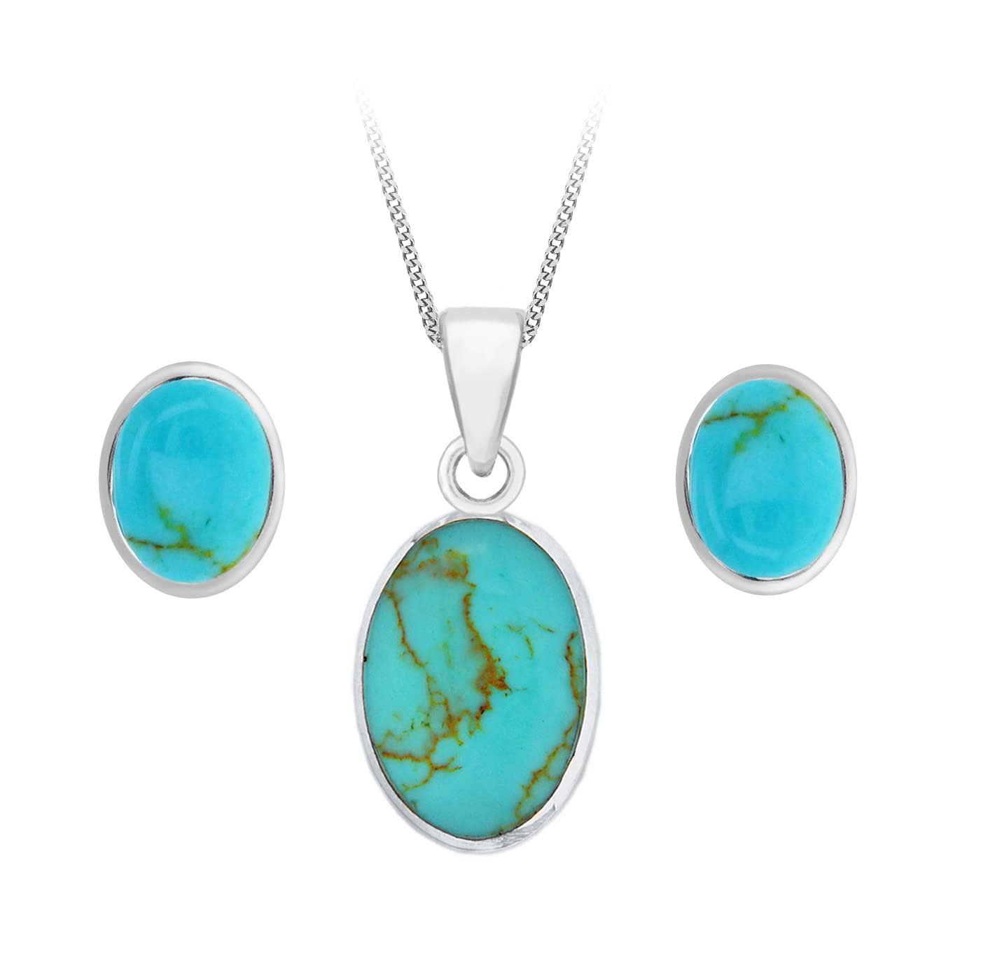 Tuscany Silver Women's Sterling Silver Oval Turquoise Set of Earrings and Pendant on Curb Chain of 46cm/18"