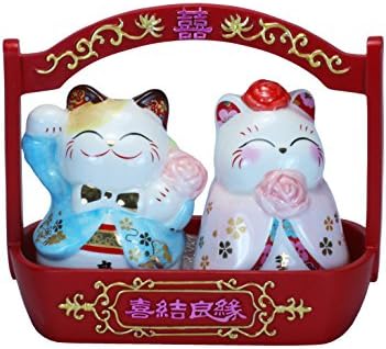 Porcelain Pair of Wedding Couple Lucky Cats Maneki Neko Salt and Pepper Shaker