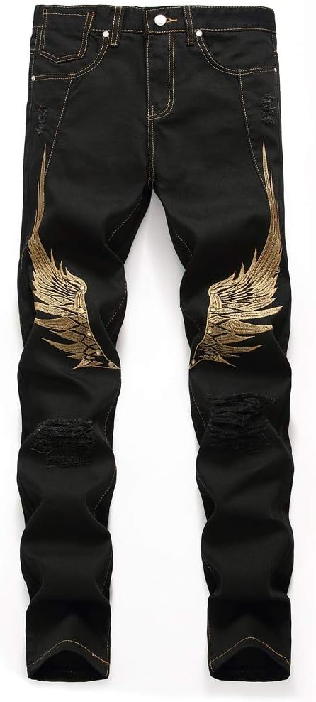 Kaniem Denim Jeans,Mens Fashion Embroidery Ripped Straight Jean with Holes Pants Trouser for Teen