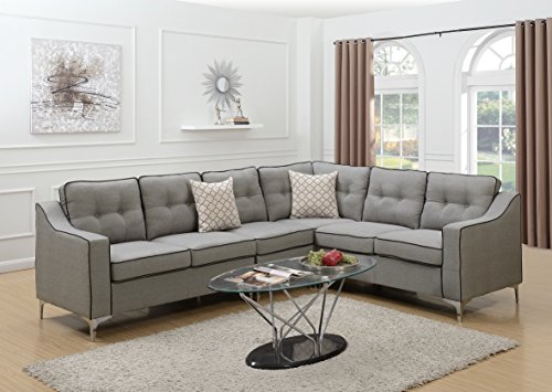 Mid-Century Modular 4pcs L-shaped Sectional Sofa Bobkona Grey Tufted Polyfiber LAF & RAF One Arm Love-seat Corner Wedge Armless Chair Living Room