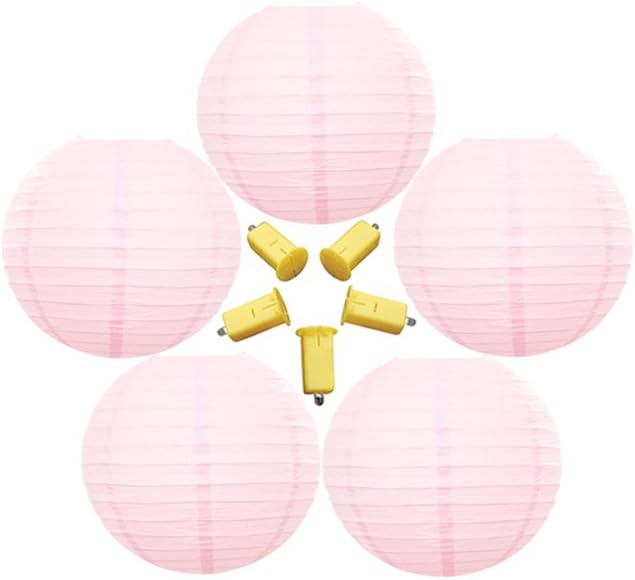 Neo LOONS 5 Pack 6 Inch Light Pink Round Chinese/Japanese Paper Lanterns Metal Framed Hanging Lanterns with LED Lights - For Home Decor, Parties, Weddings and DIY