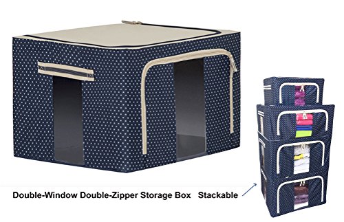 JJMG Stackable Storage Box Polka Dots Oxford Cloth Steel Frame Shelf Quilt Clothing Blanket Pillow Shoe Holder Container Organizer See-through Window double zipper Folding - Dark Blue (2 pack x 66L)