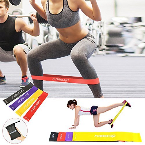 Resistance Loop Bands-MORECOO Exercise Bands for legs - Home& Gym Workout Bands for Yoga Fitness,Stretching and Physical Therapy- Includes Exercise Guides& Handy Carry Bag (Set of 4 pcs)
