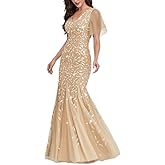YHHOWEP Women's Formal Evening Gowns Long Sparkly Sequin Elegant Tulle Sleeve Mother of Bride Dress Bodycon Maxi Prom Dresses