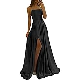 Tvuyet Satin Prom Dresses Long with Pockets Spaghetti Straps A Line Bridesmaid Dresses with Side Slit Ball Gown