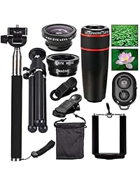 AnKooK   Kit de lentes de cámara 10 en 1 (8 lentes de telescopio + lente macro + monopié de palo selfie + mando a distancia Bluetooth + mini trípode para iPhone, Samsung Galaxy Edge Note 2 3 4 HTC y smartphones), Negro