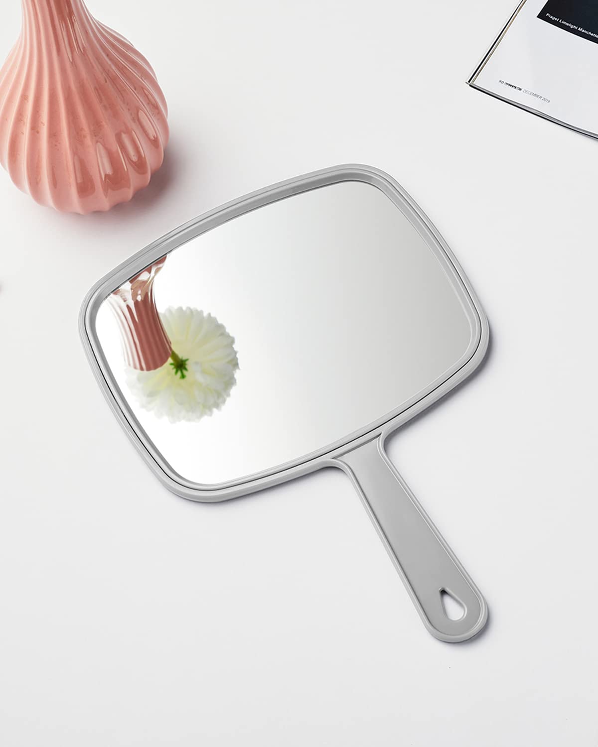 PROTECLE Large Hand Mirror, Salon Barber Hairdressing Handheld Mirror with Handle (Square Grey10.3 x7.4)