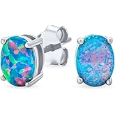 Simple Classic White Fire Orange Black Blue Opulence Gemstone Created Opal Oval Stud Earrings 14K Yellow Gold Plated .925 Sterling Silver 7MM October Birthstone