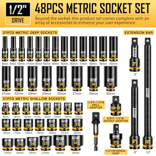 boen 48PCS 1/2” Drive Metric Socket Set, Impact Deep&Shollow Socket(8mm-32mm), for Lug Nut Use, 6-Point with Yellow Embossed Marking, CR-MO