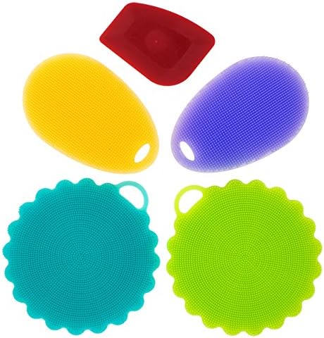 Silicone Dish Washing Scrubbers Set (4) | Pan Scraper Included (1) | Anti-Smell Silicone Sponges Perfect For Washing Dishes And Cleaning Fruits And Vegetables | Dishwasher Safe Food Grade Silicone