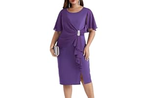 Hanna Nikole Womens Plus Size Chiffon Cape Sleeve Ruffle Ruched Cocktail Party Pencil Dress for Wedding Guest