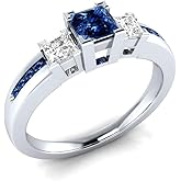AZQ 925 Sterling Silver Fashion Natural Ruby Sapphire Ring Square Perfect Cut 3-Stone Rainbow Cubic Zirconia Rings CZ Eternity Engagement Wedding Band Ring for Women