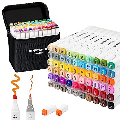 Rotuladores Alcohol, 60 Colores Marcadores Alcohol de Doble Punta Biselada y Fina, para Adultos Bocetos, Cómics, Colorear, Cuerpo Blanco