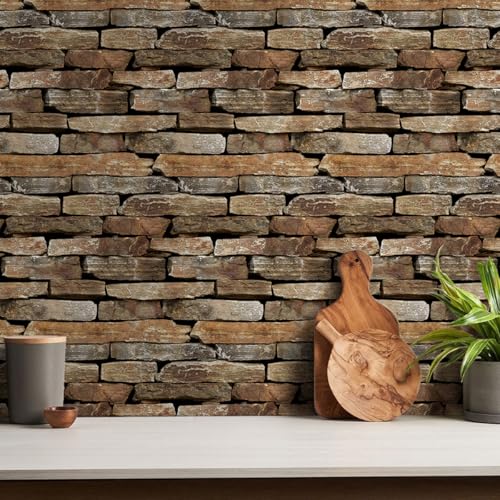 Commomy 10pcs Faux Stone 3D Wall Panels - 11.8" x 11.8"Self Adhesive Wall Tiles Lightweight Thin PVC Brick Stone Wallpaper for Interior Kitchen,Bedroom,Living Room,Fireplace