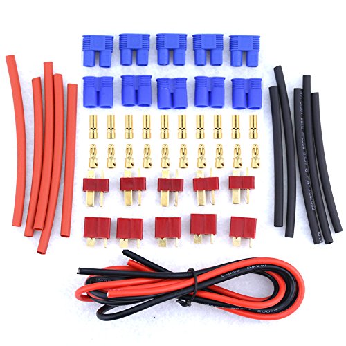 Glarks 20pcs Deans Style T-Plug / EC3 Female Male Adapter Connector Kit For RC LiPo Battery ESC Replacement Parts [Contains 14 Gauge Silicone Wire and Heat Shrink Tubing]