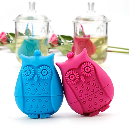 2pcs Silicone Mini Owl Tea Bag,Ezeso Reusable Tea Filter Infuser Strainer for Coffee Herb Punch (Blue + Rose)