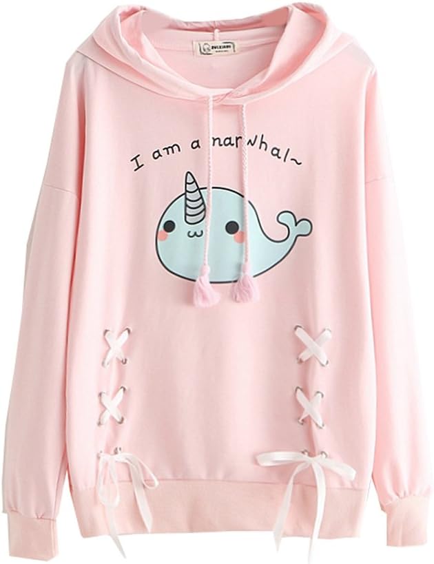 Women Girls Autumn Kawaii Long Sleeve Pullover Fleece Fish Comic Prints Sweater Tops