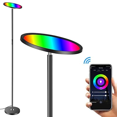 Floor Lamp, HueLiv Super Bright RGBW Smart WiFi LED Floor Lamp for Reading, Dimmable Torchiere, for Living Rooms Bedrooms, for DIY, Compatible with Alexa &amp; Google Home, Black, 25W