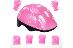 Totority Kids Helmet Knee Elbow Pads: 7pcs Children Skating Helmet Skateboard Knee Gear Wrist Cuff Elbow Protectors Pink