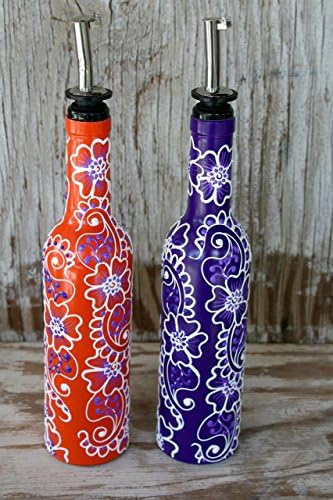Olive oil and vinegar, simple syrup, soap, liquor dispenser bottles, hand painted bottles with intricate design, sunny yellow and sky blue