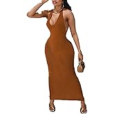 Forlisea Womens Sexy Bodycon Maxi Dress Halter Deep V Neck Sleeveless Backless Summer Beach Party Clubwear