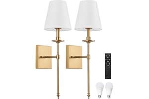 GOODATE Wall Sconces Set of Two with Remote,Dimming 10-100% & Adjustable Colors 2700-6500K,Hardwired Wall Lamps White Fabric Shades,Wall Mounted Lamp with Night Light & Timer,Antique Brass,NOT Battery Powered