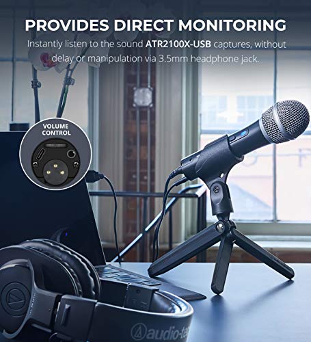 Audio-Technica ATR2100x-USB Cardioid Dynamic Microphone for Voiceover, Podcasting and Studio Recording Bundle with Blucoil Boom Arm Plus Pop Filter, and 3-FT USB 2.0 Type-A Extension Cable
