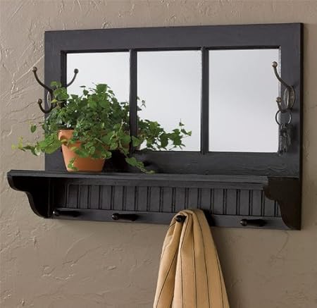 Antique Inspired Black Finish Southport Wood Shelf Hooks Mirror