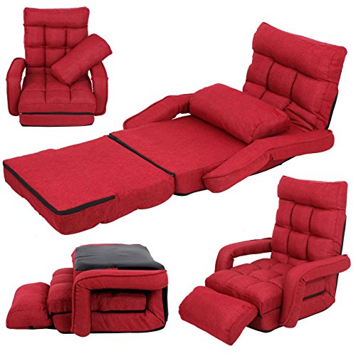 Red Adjustable Folding Lazy Sofa Floor Chair Sofa Lounger Bed w/ Armrests & Pillow For Leisure - Thumbnail 4